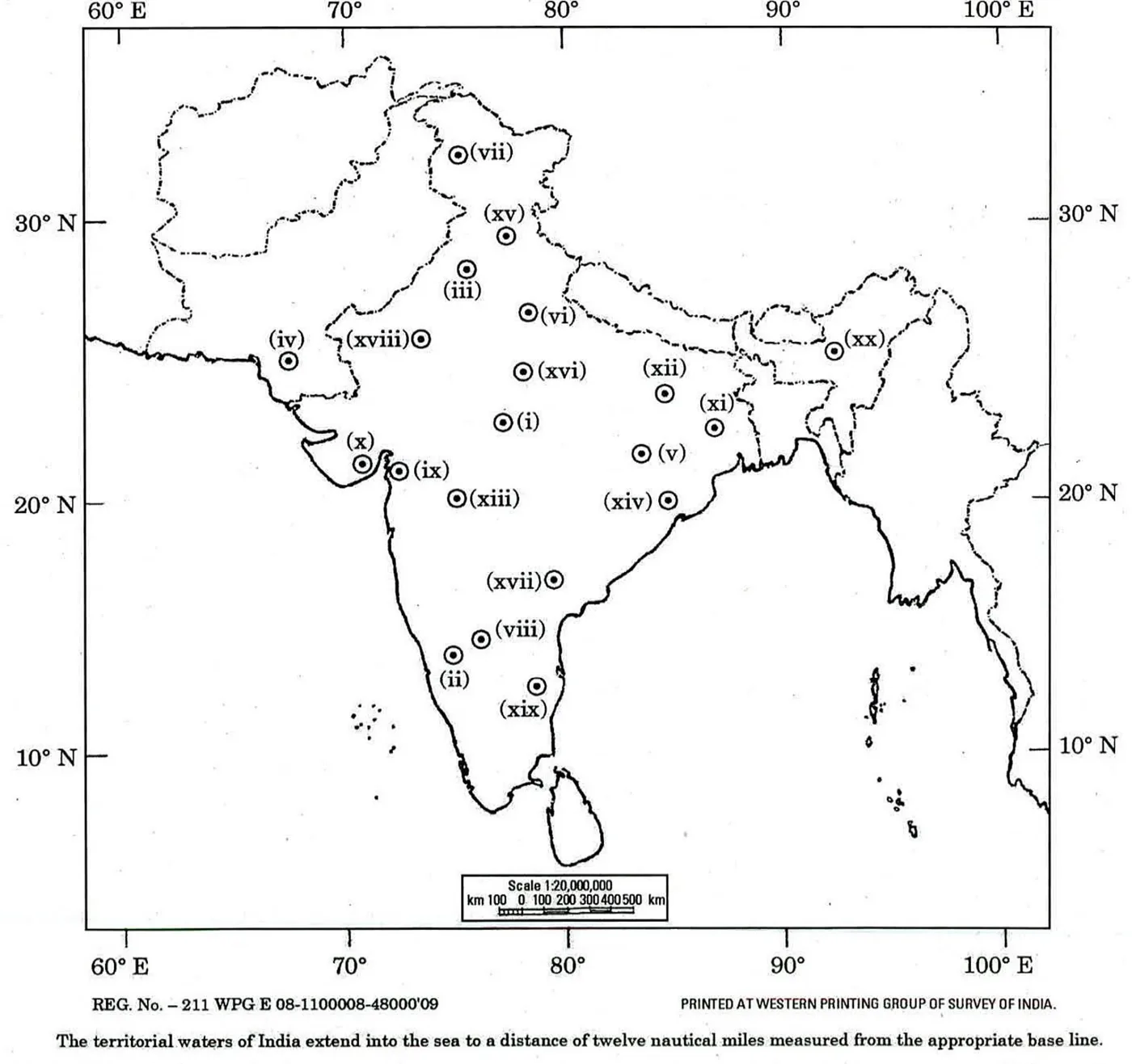 UPSC Mains History Optional 2017 Paper 1 map question (Q1) – outline map of India with 20 numbered locations to identify