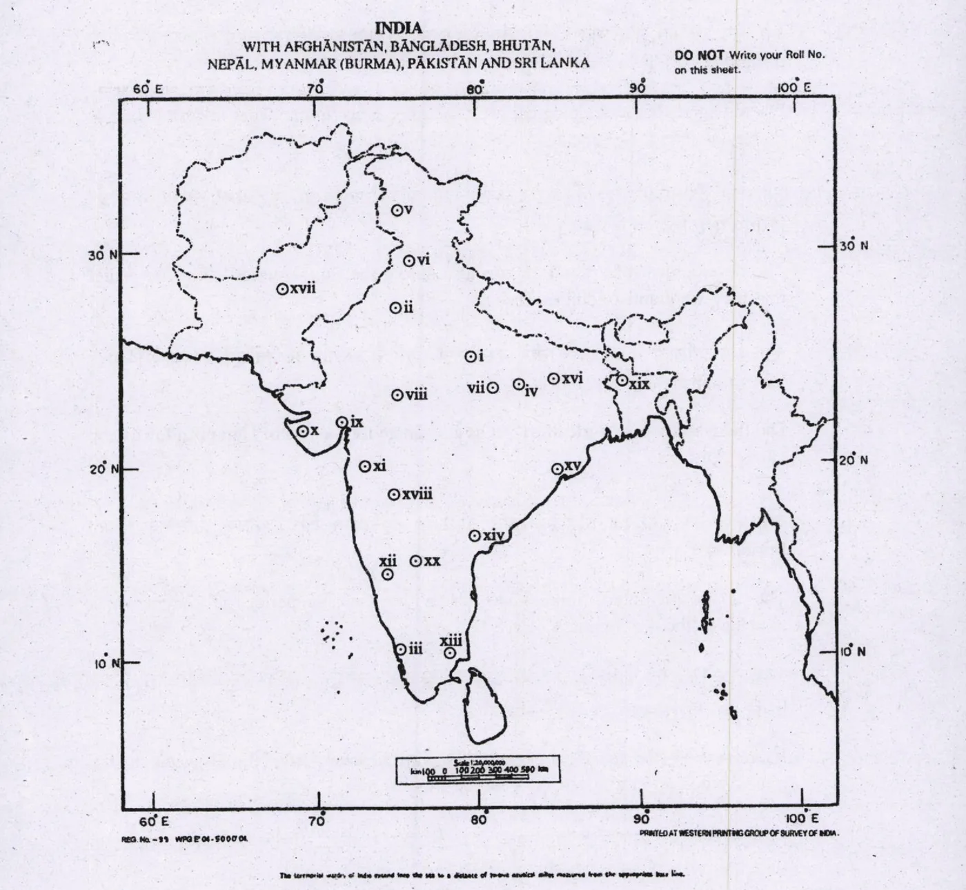 UPSC Mains History Optional 2019 Paper 1 map question (Q1) – outline map of India with 20 numbered locations to identify