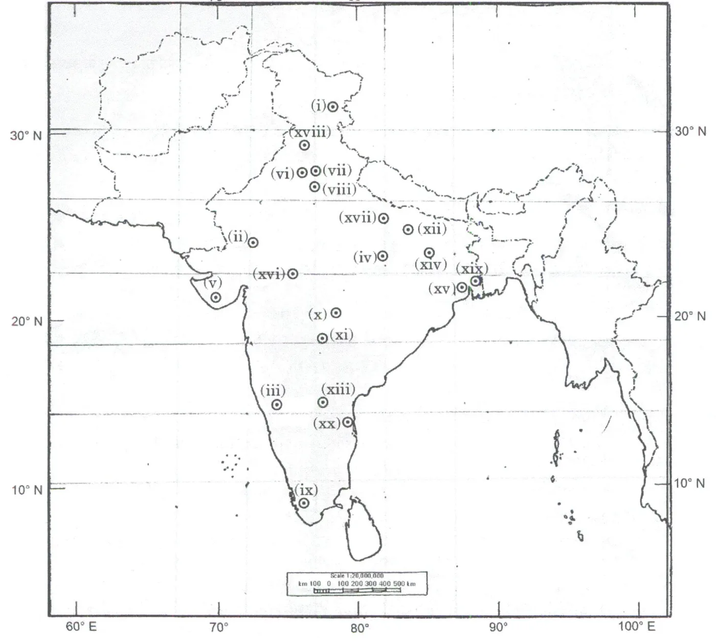 UPSC Mains History Optional 2025 Paper 1 map question (Q1) – outline map of India with 20 numbered locations to identify